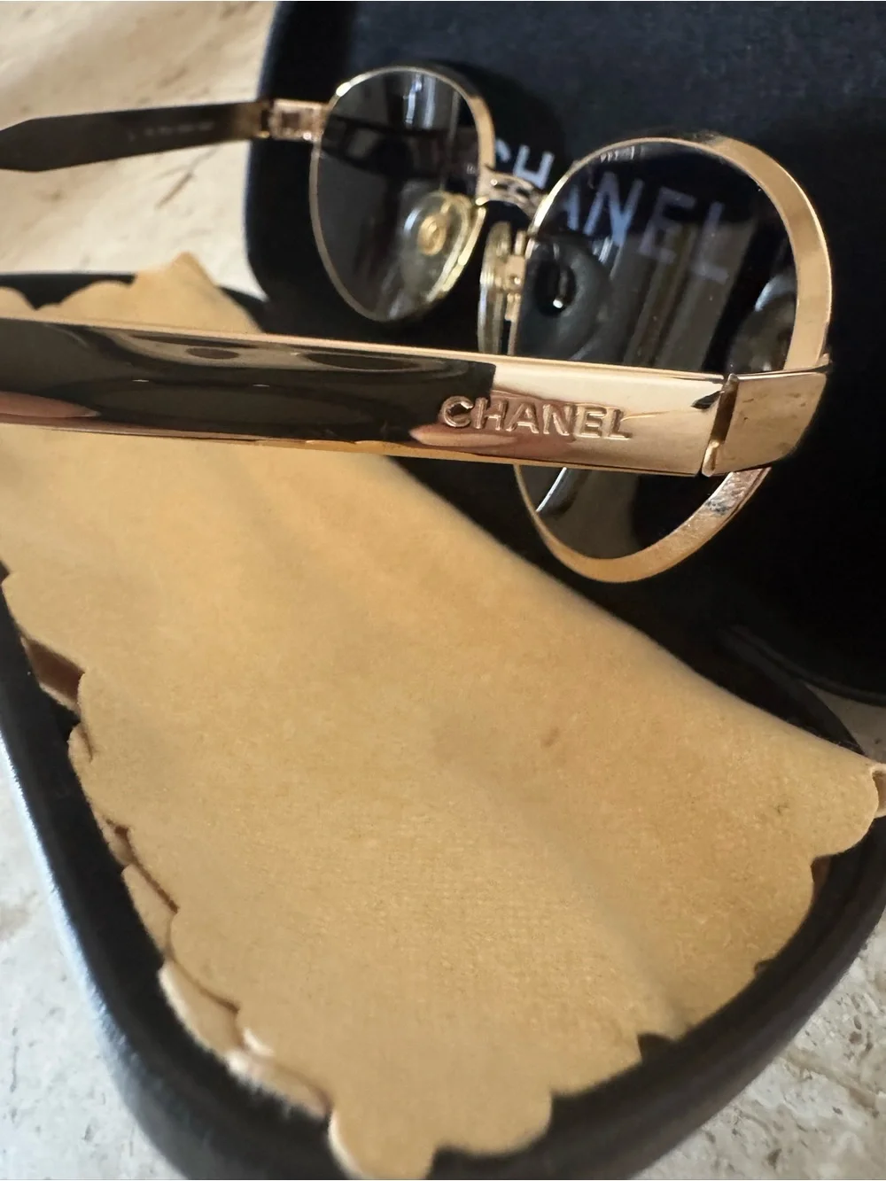 CHANEL Vintage Gold Frame Oval Smoke Lens Sunglasses